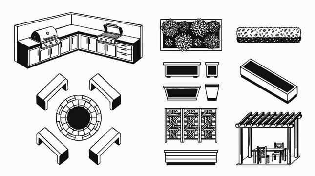 Comprehensive Set of Outdoor Living and Landscaping Icons for Garden and Patio Design Elements Featuring a Fire Pit and Outdoor Kitchen