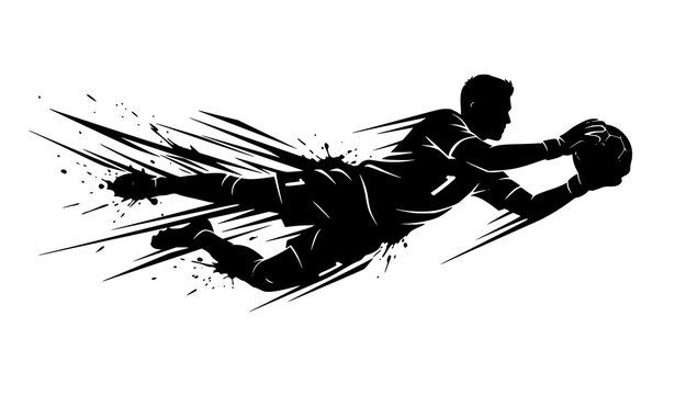Dynamic soccer goalie diving silhouette with ink splatter graphic design element vector