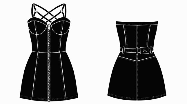 Technical fashion flat sketch of a black mini dress featuring a front zipper closure, bustier bodice with straps, and belted waist detail.