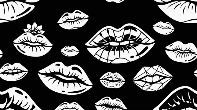 Stylish Seamless Pattern of Black and White Lips and Kiss Marks Featuring Various Artistic Pop Art and Geometric Designs for Modern Backgrounds