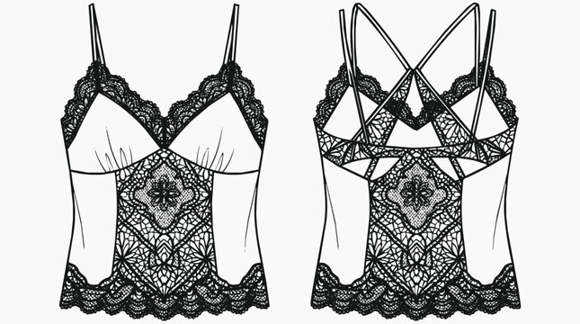 Technical flat sketch of a lace camisole lingerie top for women featuring front and back views for apparel manufacturing and fashion design.