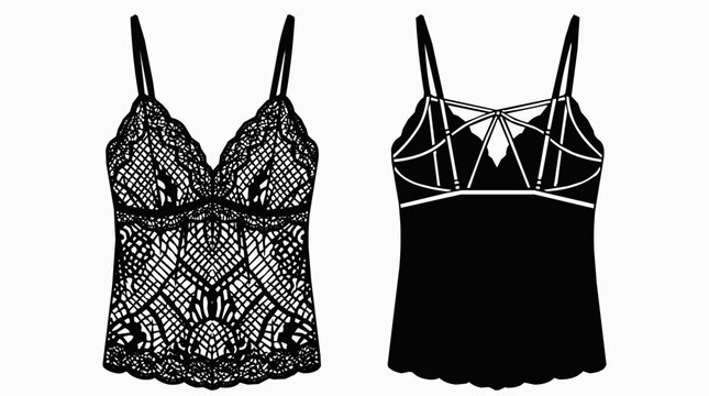 Sexy black lingerie camisole with delicate lace and intimate silhouette details for women's fashion design and apparel concept.
