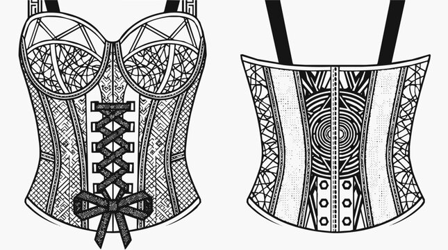 Detailed Black and White Corset and Bustier Illustrations featuring Lace Patterns and Vintage Lingerie Design with Decorative Lacing and Bow