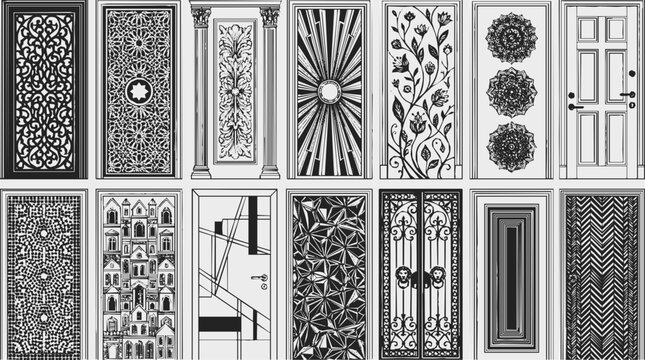 Collection of 14 unique door and panel pattern design ornament sets including vintage floral, geometric, and classical architectural styles