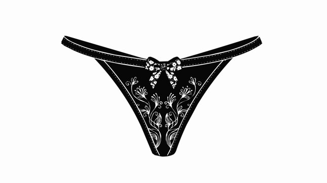 Elegant black panties with white lace floral pattern and decorative bow, stylish female lingerie and underwear silhouette isolated on white