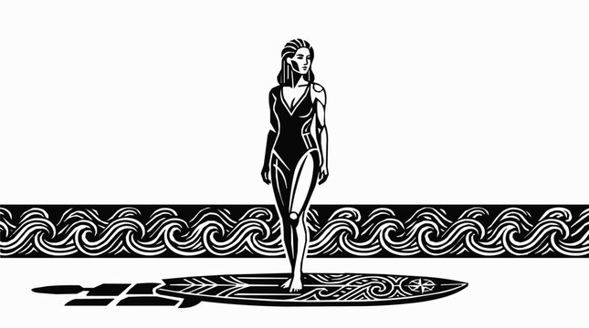 Stylish Black and White Woodcut Illustration of a Woman Surfer Balancing on a Patterned Surfboard with Stylized Ocean Waves Border