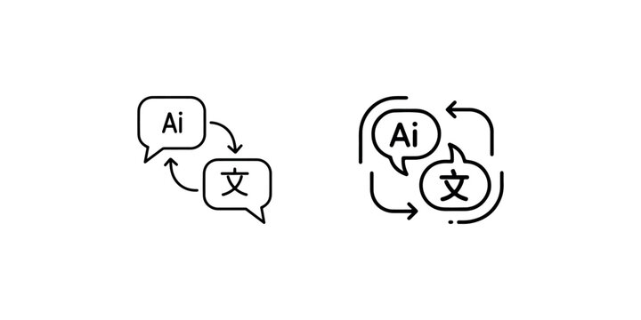 Artificial intelligence language translation icon set featuring speech bubbles with ai and text symbols for global communication and machine learning tool.