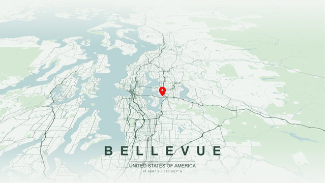 Modern minimalist vector map of Bellevue, Washington, USA. High-quality scalable illustration of Bellevue city grid, Lake Washington and Lake Sammamish waterfront contours for posters design.