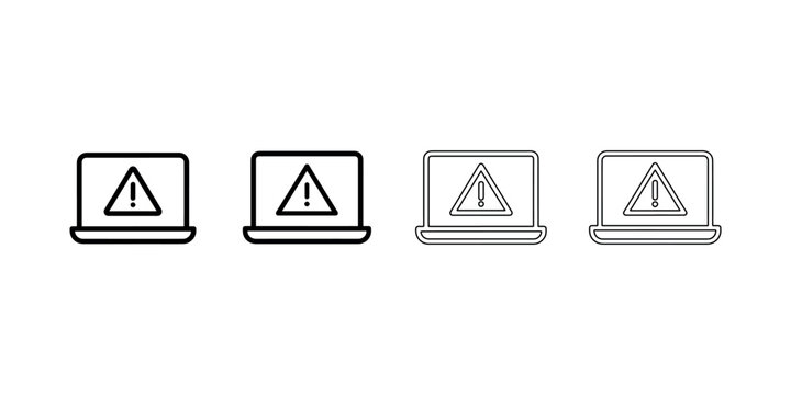 Laptop computer warning alert sign icon set illustrating device security threat notification system and maintenance error problem report flat linear design.