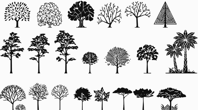 A comprehensive tree silhouette collection featuring diverse geometric and abstract icons for nature-themed graphic design and landscape projects.