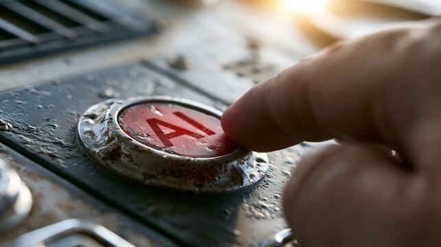 Human finger pressing worn AI button on an industrial control panel, initiating artificial intelligence system
