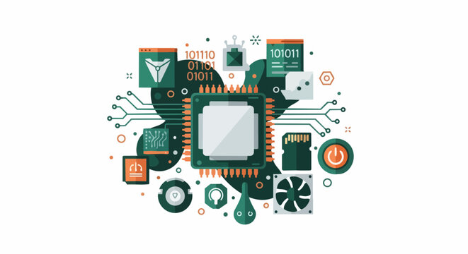 Modern Flat Technology Illustration Featuring CPU Microchip, Circuitry, Binary Code and Computer Hardware Icons for Digital Computing and Data Concepts