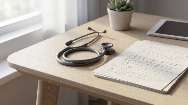 A stethoscope and patient notes on a desk in a medical setting perfect for Doctor's Day