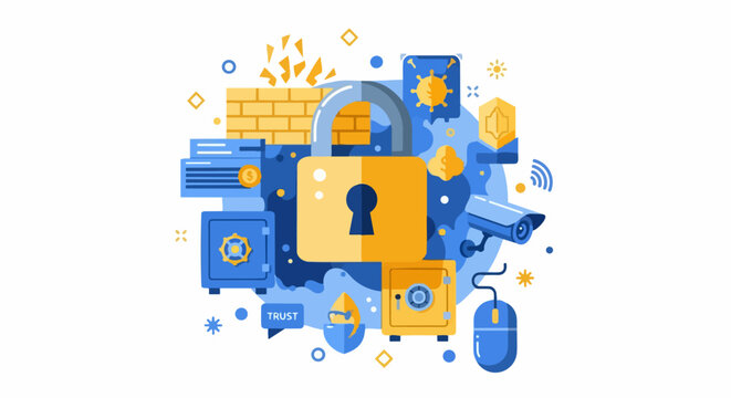 Cybersecurity and Digital Data Protection Concept Illustration featuring Padlock, Firewall, Security Camera, and Financial Safes