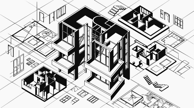 Modern architectural blueprint with 3D floor plan and house model detailing a professional construction design shown in a precise isometric view