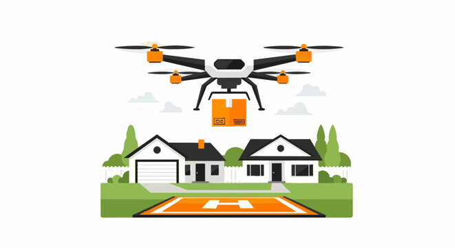 Drone delivery service flat vector illustration of hexacopter carrying package over suburban houses with landing pad