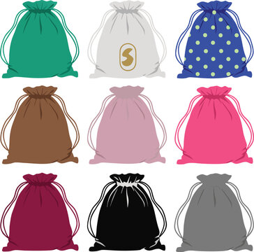 Collection of colorful drawstring bags, flat vector illustration of fabric backpacks and pouches, various designs for gym or casual use, isolated icons set on white background