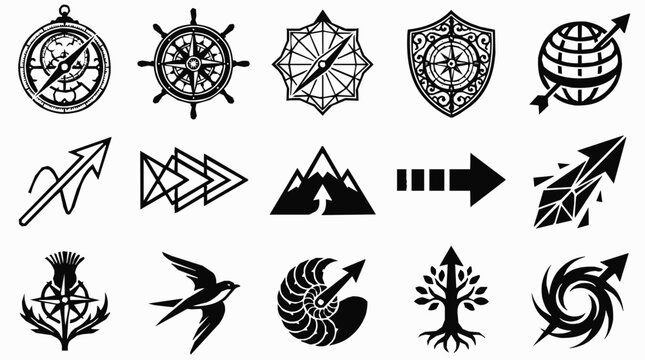 Symbol - A comprehensive set of minimalist black compass and navigation arrow symbols, perfect for adventure and exploration branding concepts