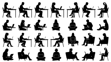 Obraz premium People Working on Laptops Silhouette Collection — Desk, Floor, Sofa Positions, Remote Work and Student Poses Bundle 