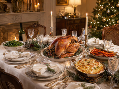 Franz&ouml;sischer Weihnachtstisch mit Truthahn, Gratin und Kerzenlicht in elegantem Salon mit Kamin und Weihnachtsbaum.