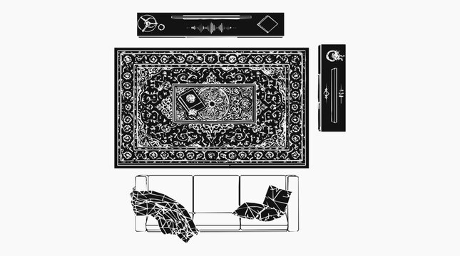 Modern living room top view layout featuring an ornate rug, comfortable sofa with throw pillows, and sound equipment for stylish interior design.