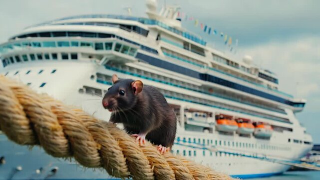 Close-up view of a curious rat standing on thick braided rope against the backdrop of a massive modern cruise ship docked at sea