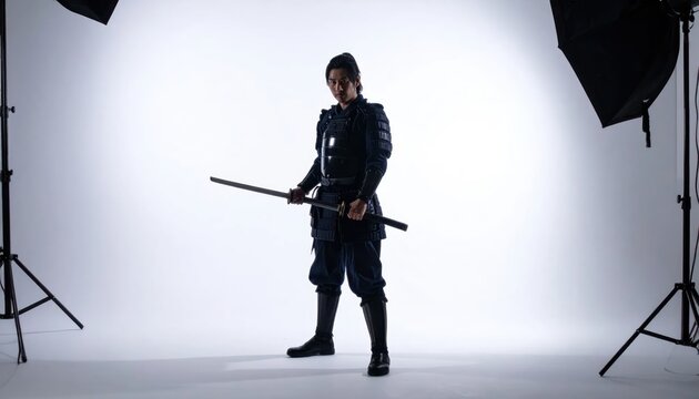 Modern ninja warrior in tactical gear with katana sword.