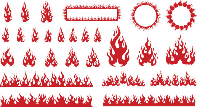 Red solid silhouette fire flame icon set featuring decorative borders, circular frames, blazing symbols, heat sparks and campfire elements, cad drawing flat vector illustration.