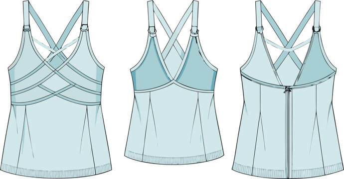 Three blue sports bras with straps and zippers shown from different angles