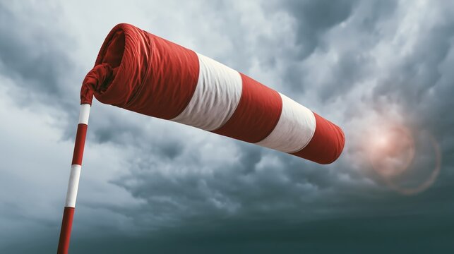 Red and white windsock blowing strong in stormy weather, indicating wind direction and speed against a dark sky