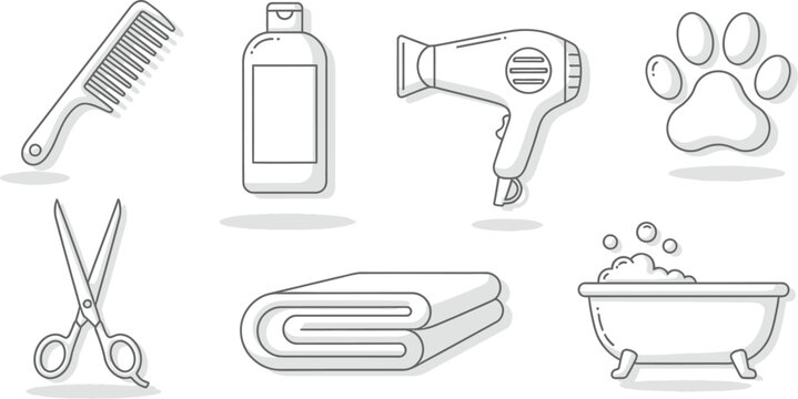 Pet grooming tools and accessories for dog care, including comb, shampoo, hair dryer, paw print, scissors, towel, and bathtub with bubbles, for pet salon or home use