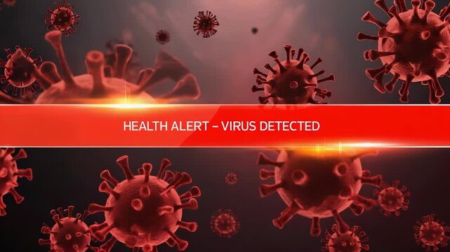 Detailed 3D microscopic illustration of various red viruses and pathogens floating in an unknown fluid, accompanied by a dramatic red health alert warning signifying detection and biological threat