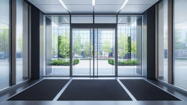 Modern Building Entrance with Dark Gray Flooring and Glass Doors