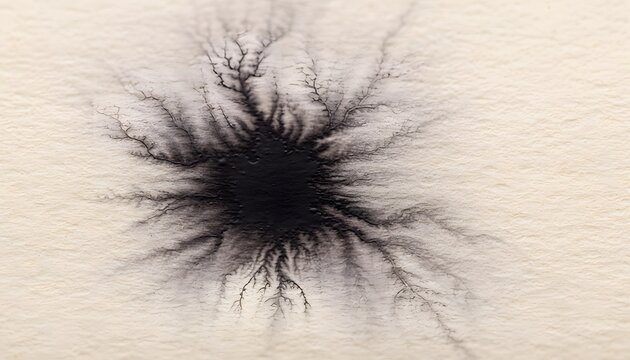 Ultra-high resolution macro stock image capturing a single drop of rich black ink bleeding organically into raw textured watercolor paper