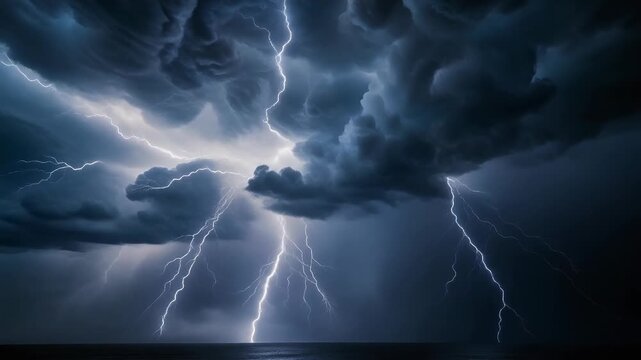 Dramatic lightning storm over dark ocean with intense thunderclouds at night