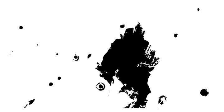 A stark, abstract black ink splotch dominates the frame against a clean white background, interspersed with smaller, scattered dots, creating a minimalist graphic design element.