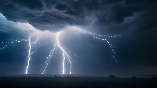 Powerful lightning bolts striking during a dramatic thunderstorm with dark storm clouds at night