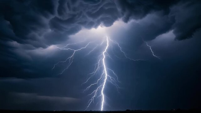 Powerful lightning strike illuminating dark storm clouds over flat landscape at night