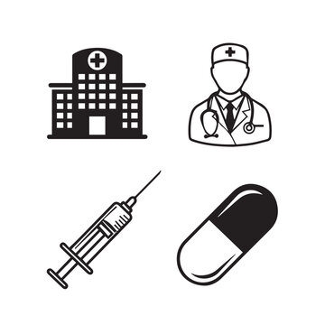 Medical icon set with hospital building, doctor avatar, syringe, and capsule pill black silhouette vector illustration