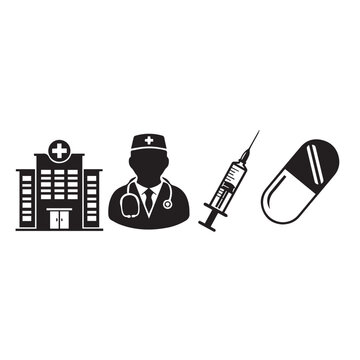 Medical and Healthcare Icons Set - Hospital, Doctor, Syringe, and Pill Capsule Black Flat Vector Icons Isolated on White Background
