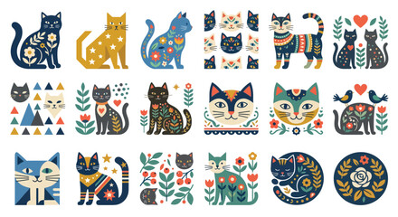 Floral Cat Illustrations Colorful Vector Pattern On White Background © Tanmoy