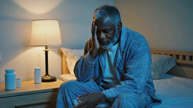 Thoughtful Black man sitting on bed in morning light, contemplating deep worries and life challenges, showing emotional vulnerability and stress.