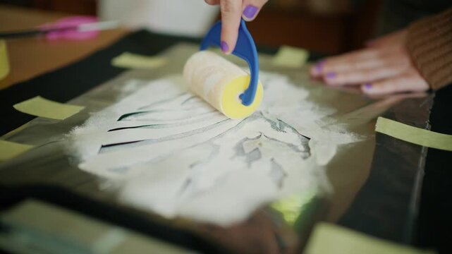 Hands using a craft roller to evenly spread adhesive material over a stencil design