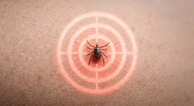 Dangerous tick on human skin with red bullseye target warning sign