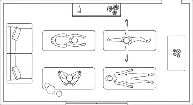 Top view architectural floor plan of a yoga studio with people practicing exercise on mats vector illustration