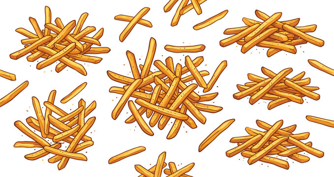 Crispy French Fries Vector Illustration Set with Golden Potato Fry Piles and Scattered Sticks for Fast Food Restaurant Menu and Product Packaging Designs