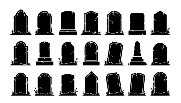 Gravestone silhouette vector set with various cemetery and memorial monument styles