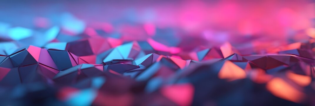 Abstract 3D geometric shapes with vibrant pink and blue lighting create a futuristic, digital landscape filled with sharp triangular facets and depth.