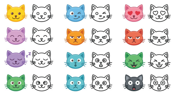 Colorful Cat Face Icons With Various Expressions Vector Illustration