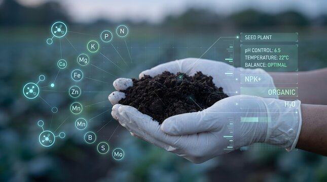 Farmer analyzing soil with digital data overlay